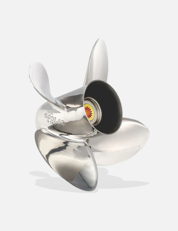 Solas HR Titan 4 Propeller. Solas 4-Blade Stainless Steel Boat Propeller. High Rake & Performance Boat Prop.