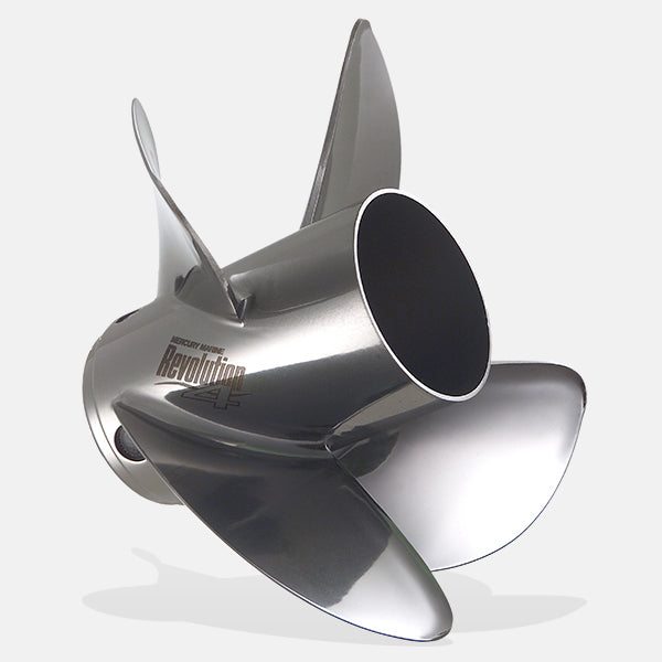 Mercury Revolution 4 Propeller. Mercury 4-Blade Stainless Steel Propeller. Engineered For Heavy-Load Power & Exceptional Grip