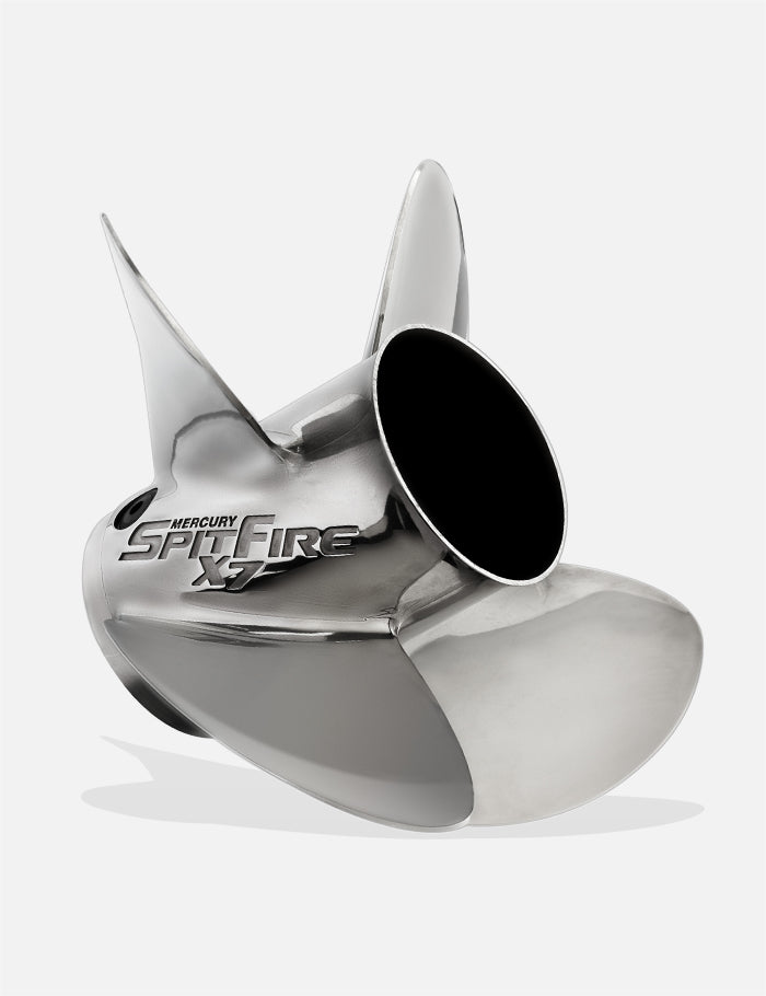 Mercury SpitFire X7 Propellers. Mercury 4-Blade Stainless Steel Propeller. For 40-115HP Mercury Outboards. Aggressive Cup and Rake Propeller.